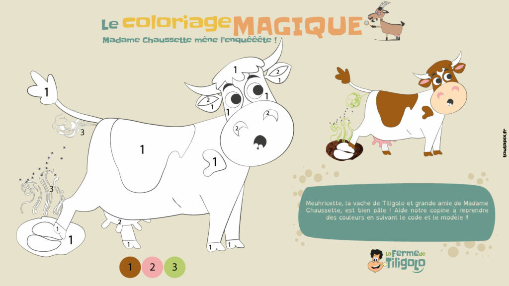Le coloriage de la vache Meuhicette et son empreinte